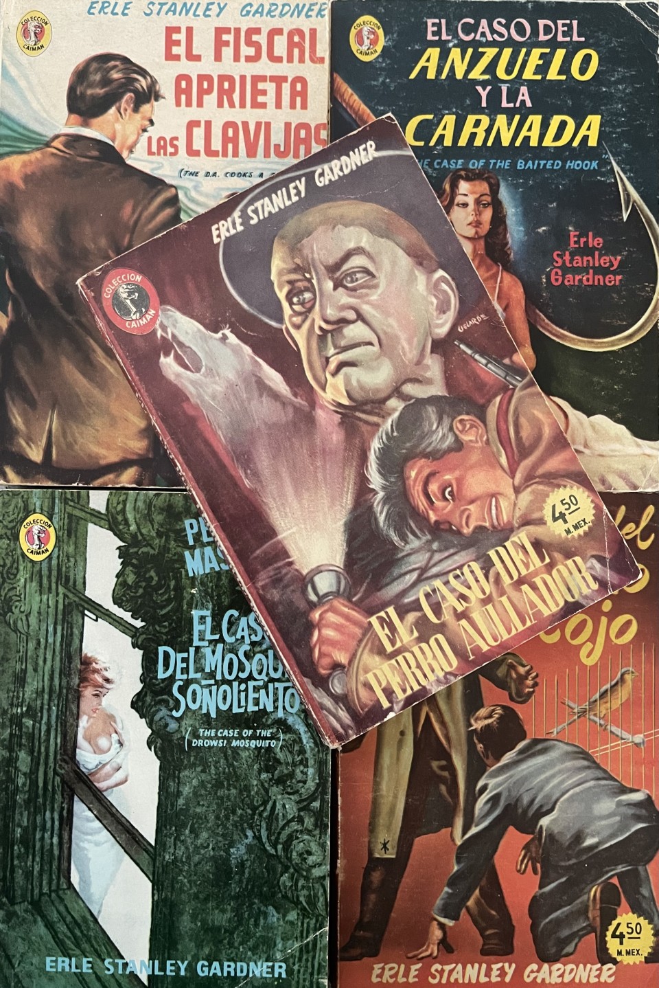 A collection of five vintage Erle Stanley Gardner book covers in Spanish, featuring dramatic illustrations.