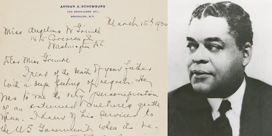 A handwritten letter by Arthur A. Schomburg, alongside a black and white portrait of Schomburg in a suit.