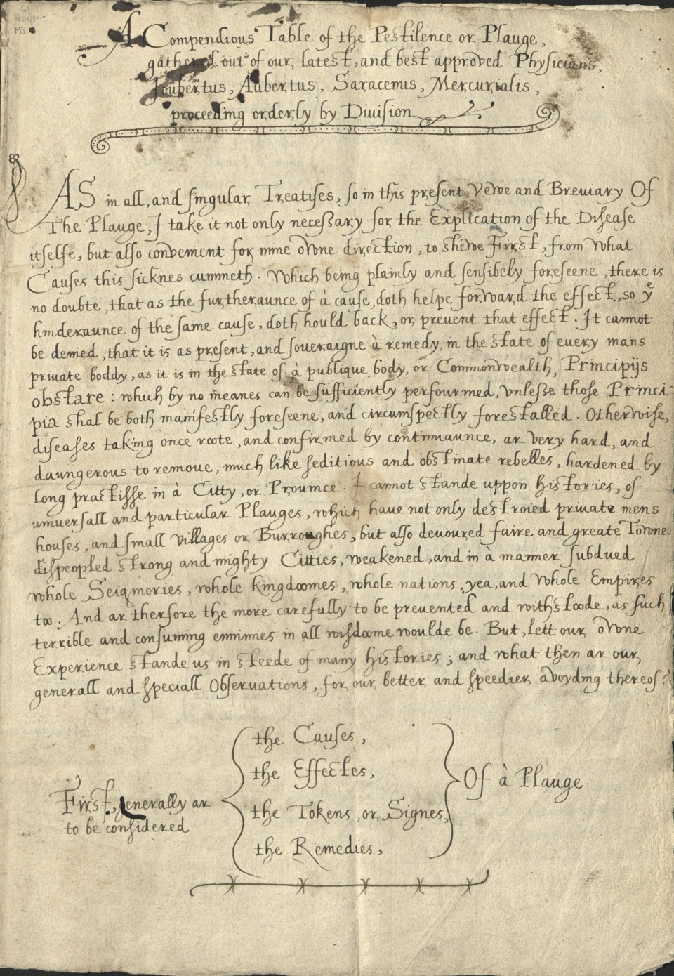 The image is a scanned page from an old manuscript with handwritten text. The text is written in an ornate, calligraphic style typical of historical documents. The paper shows signs of aging, with a slightly yellowed appearance and some dark spots resembling ink blotches. At the top of the page, the title 