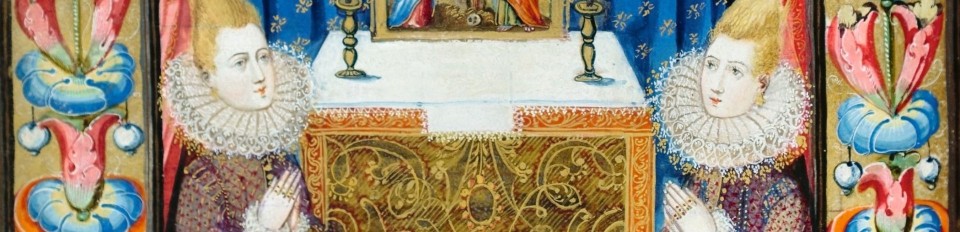 An ornate illustration of two people in Elizabethan clothing praying at an altar with floral borders.